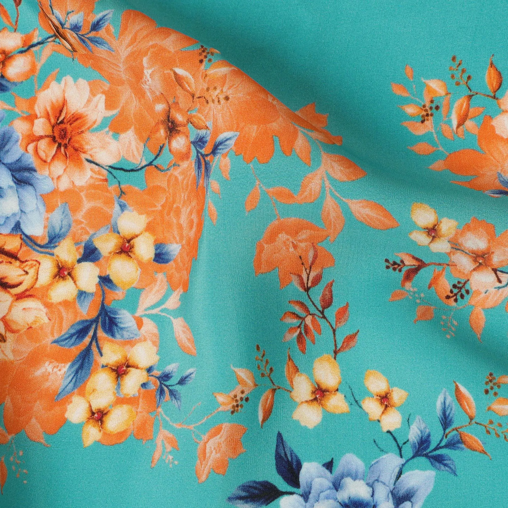 Aqua Blue Viscose Fabric with Orange and Yellow Floral Digital Print, 110 cm Width-D20630