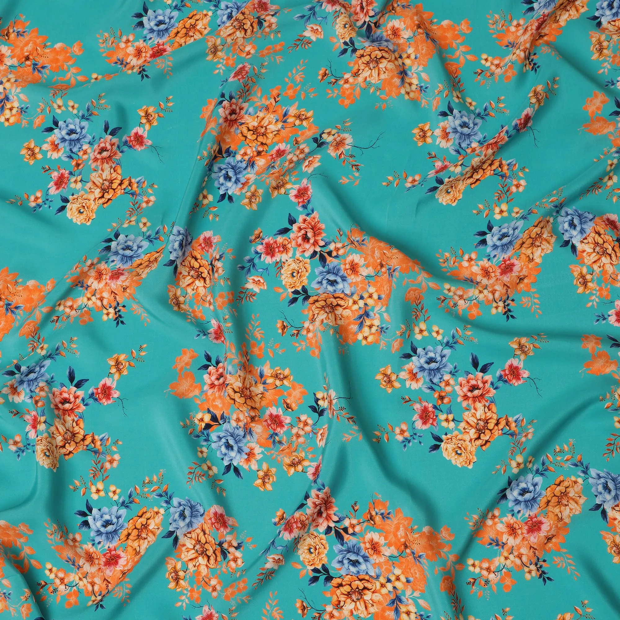 Aqua Blue Viscose Fabric with Orange and Yellow Floral Digital Print, 110 cm Width-D20630