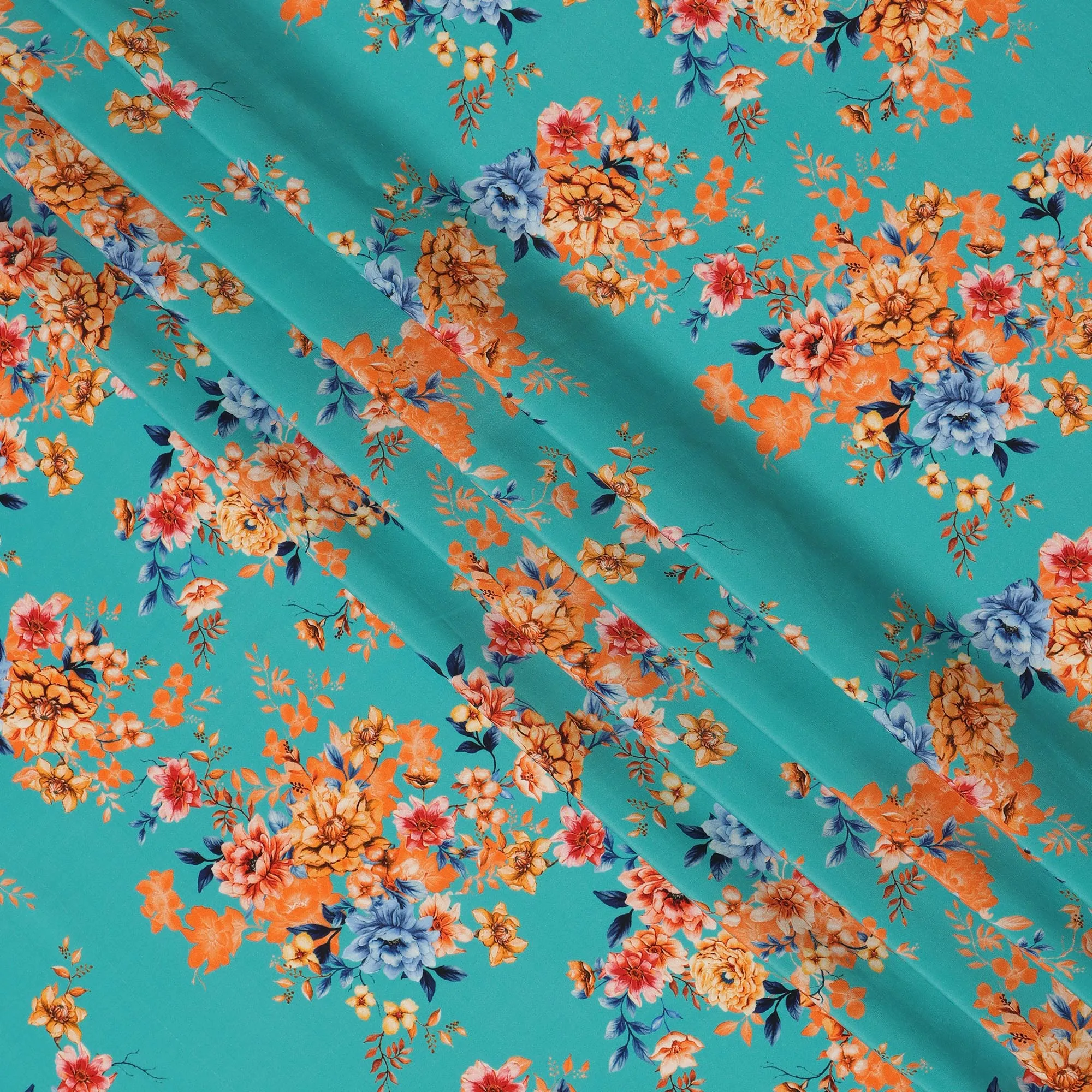 Aqua Blue Viscose Fabric with Orange and Yellow Floral Digital Print, 110 cm Width-D20630