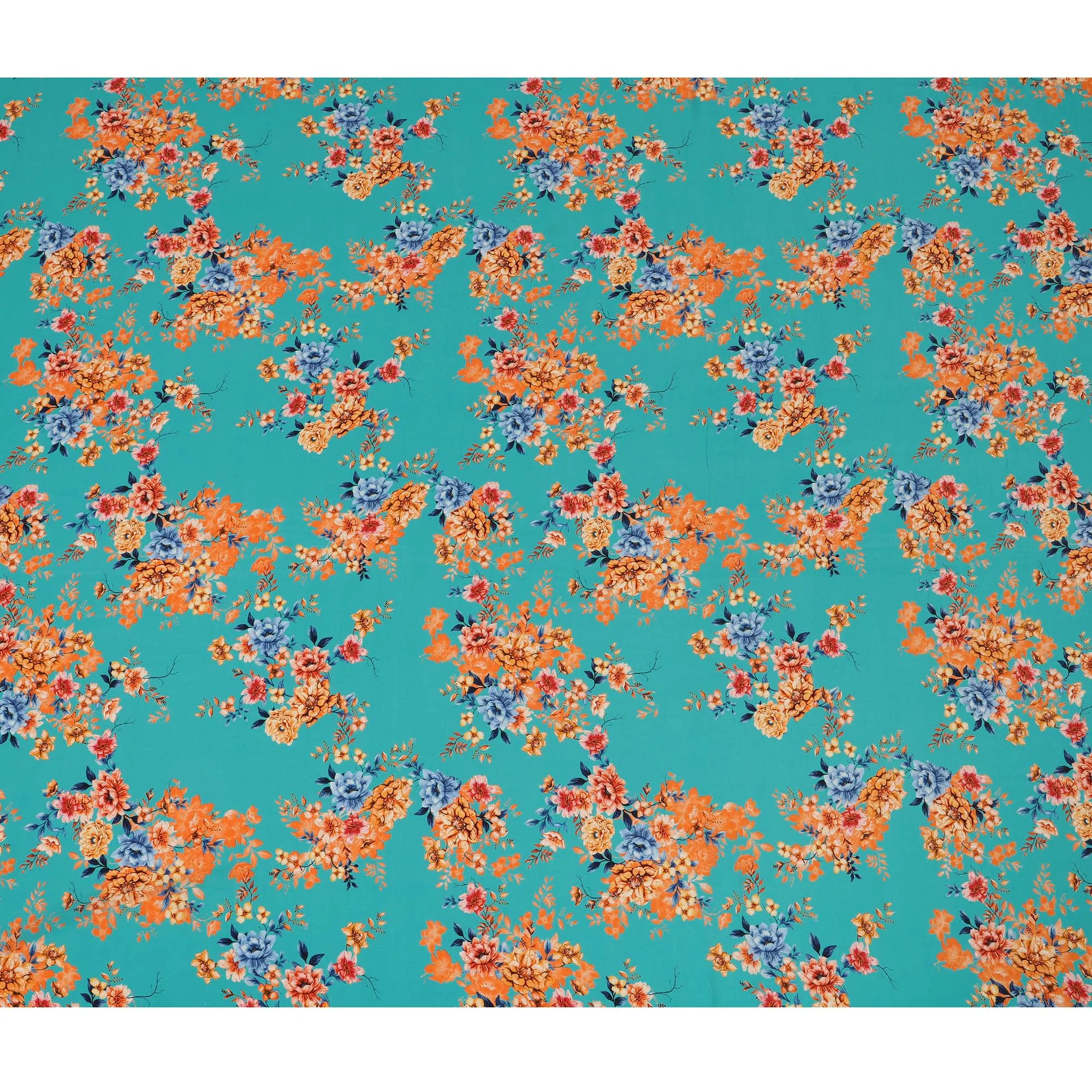 Aqua Blue Viscose Fabric with Orange and Yellow Floral Digital Print, 110 cm Width-D20630