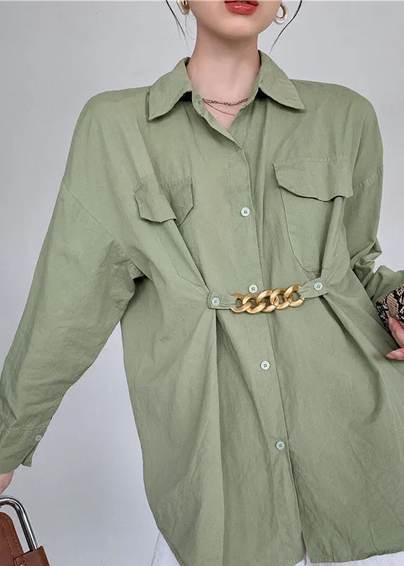 Art Army Green Wrinkled Patchwork Cotton Shirt Tops Spring LY0781