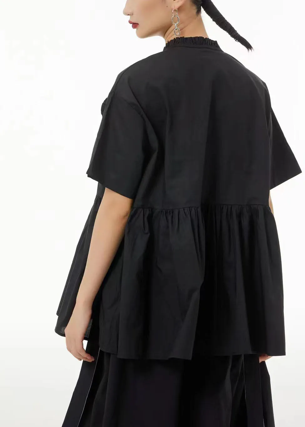 Art Black Asymmetrical Patchwork Wrinkled Cotton Shirt Tops Summer TS1064