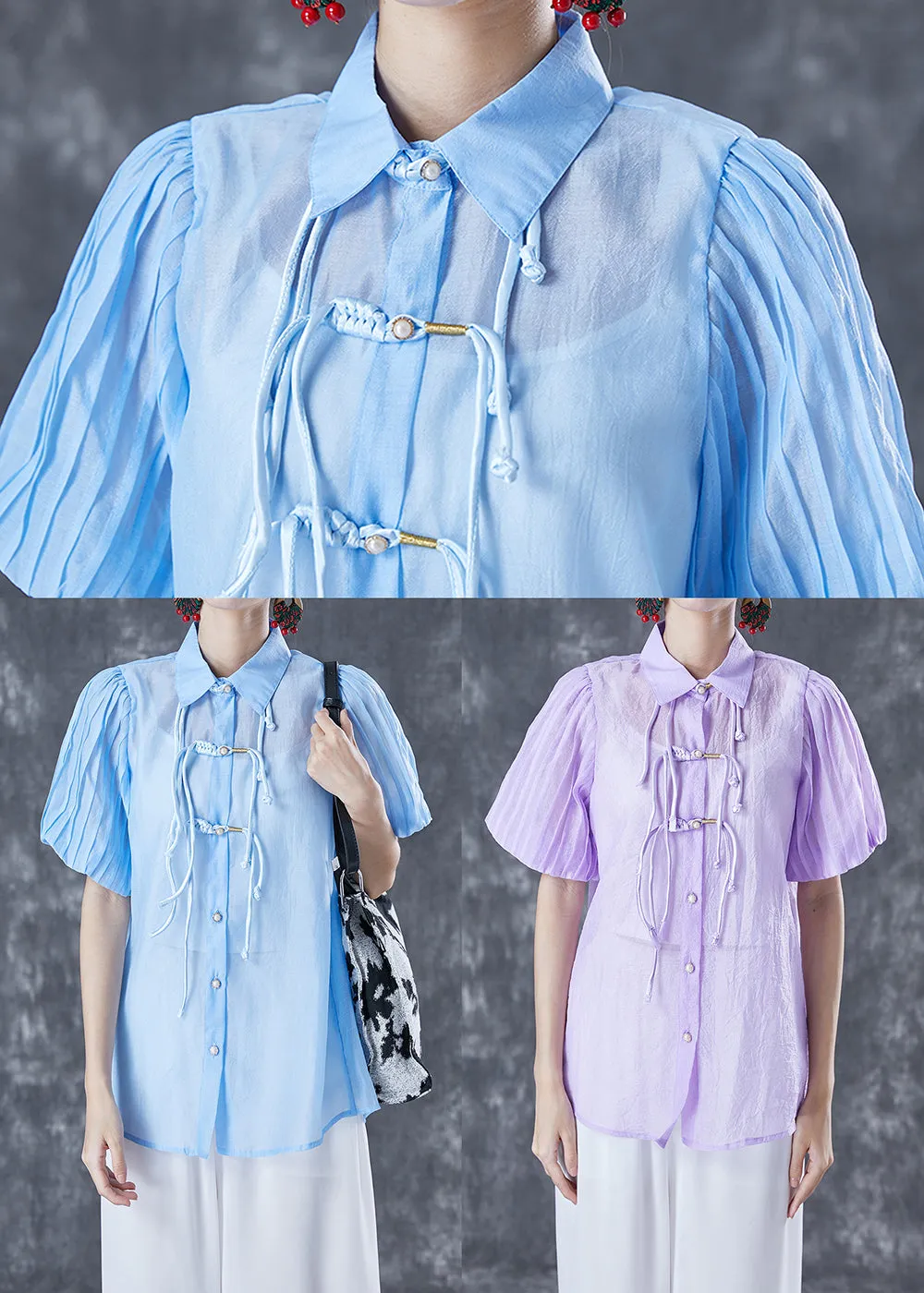 Art Blue Peter Pan Collar Tassel Silk Blouse Tops Lantern Sleeve TA1043