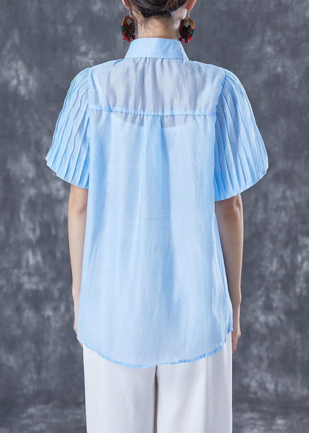 Art Blue Peter Pan Collar Tassel Silk Blouse Tops Lantern Sleeve TA1043