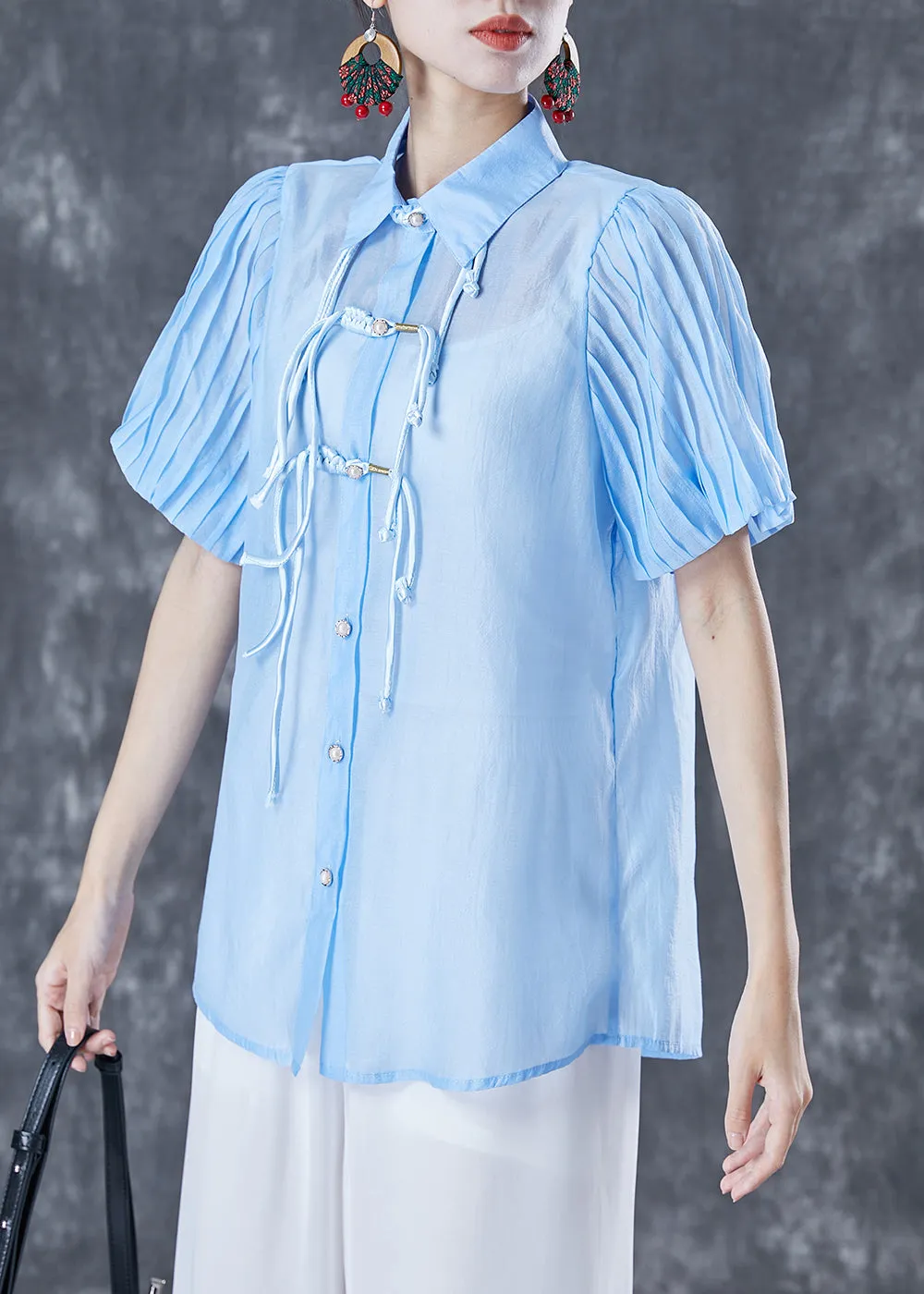 Art Blue Peter Pan Collar Tassel Silk Blouse Tops Lantern Sleeve TA1043