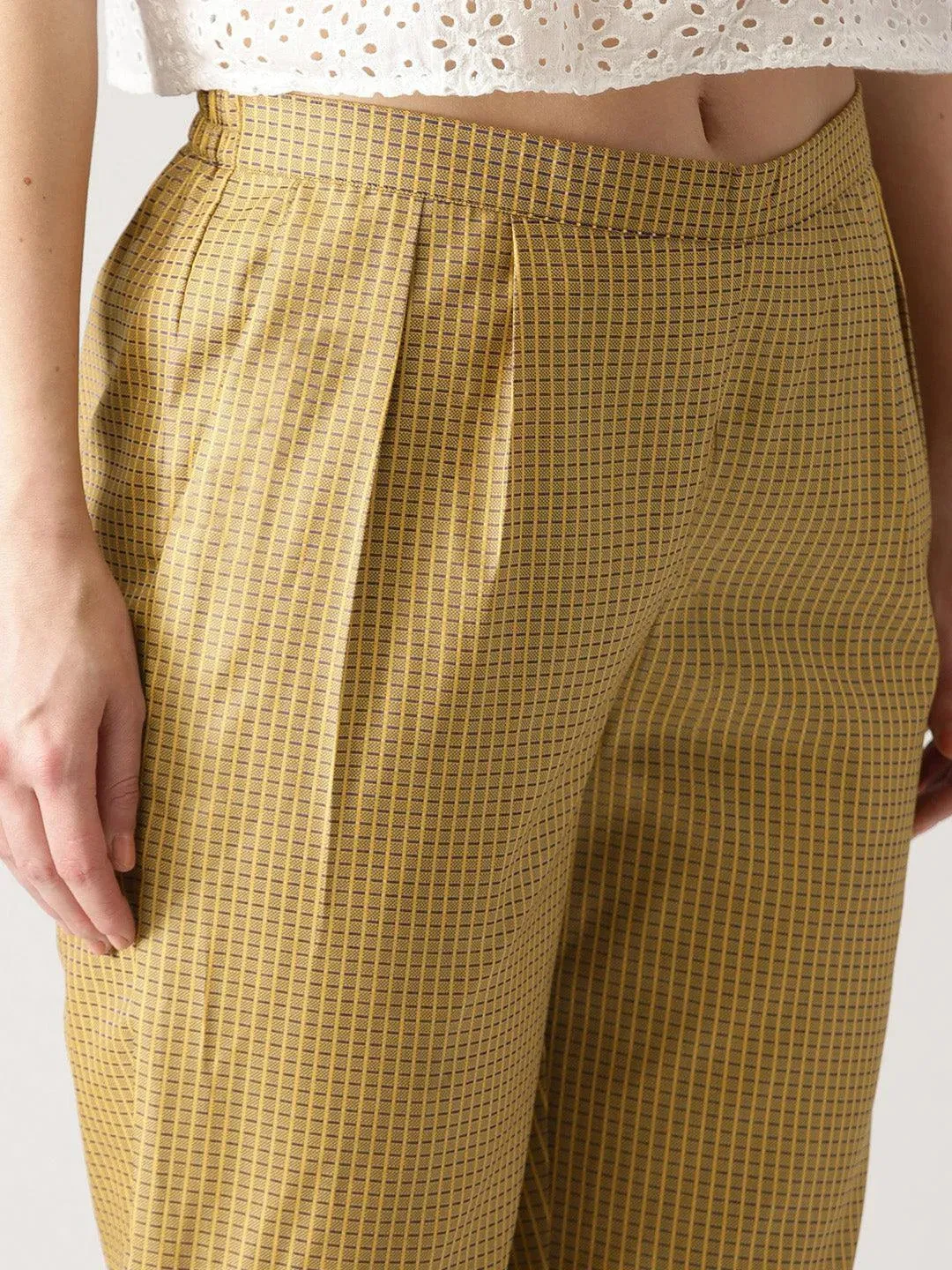 Beige Checkered Polyester Trousers