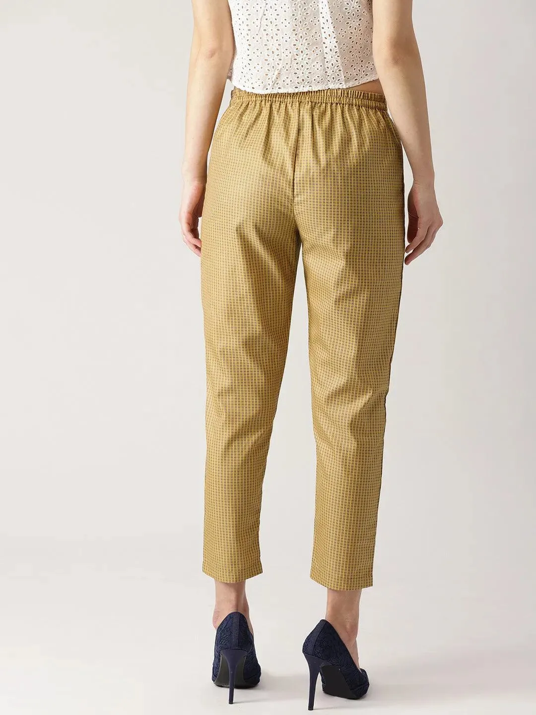 Beige Checkered Polyester Trousers