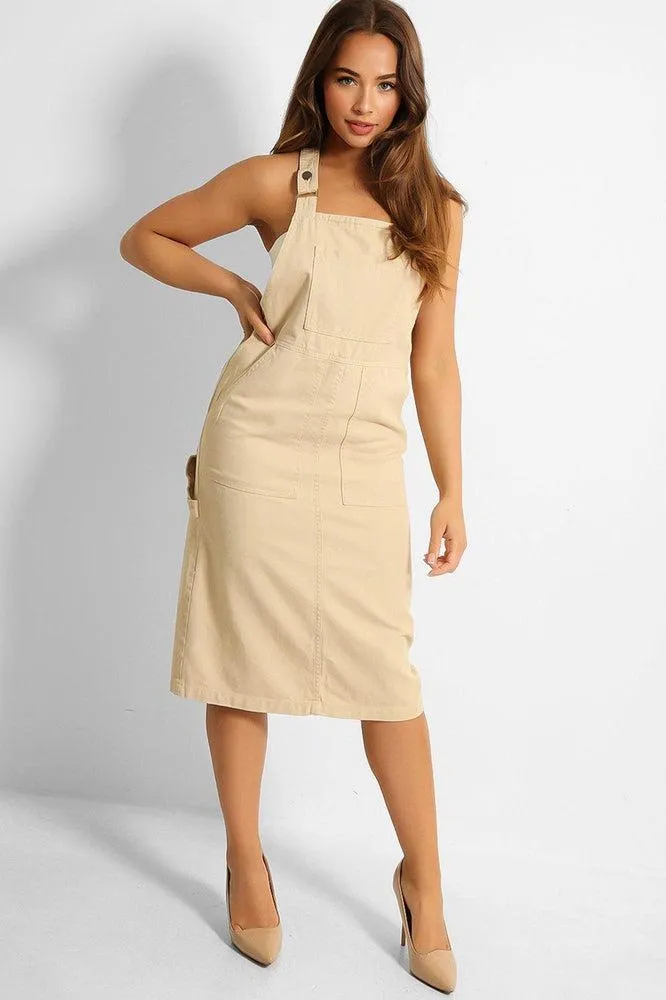 Beige Denim Tool Belt Detail Midi Pinafore Dress