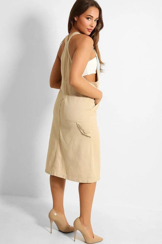 Beige Denim Tool Belt Detail Midi Pinafore Dress