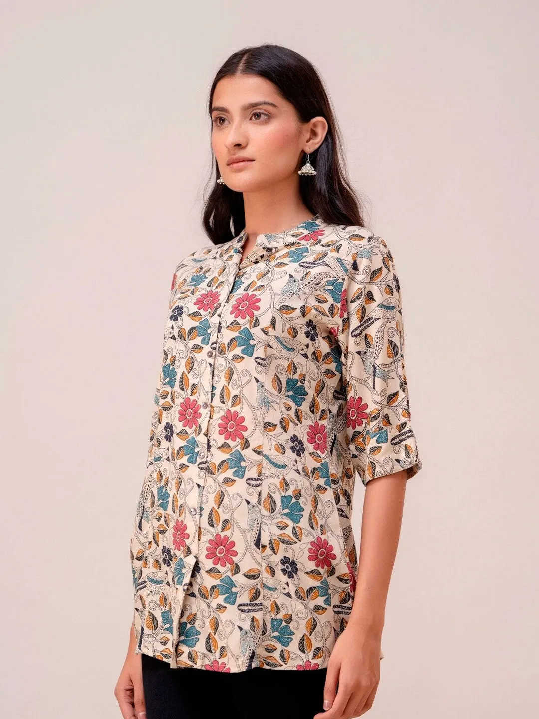 Beige Floral Printed Mandarin Collar Tunic - Three-Quarter Sleeves, Ethnic Wear