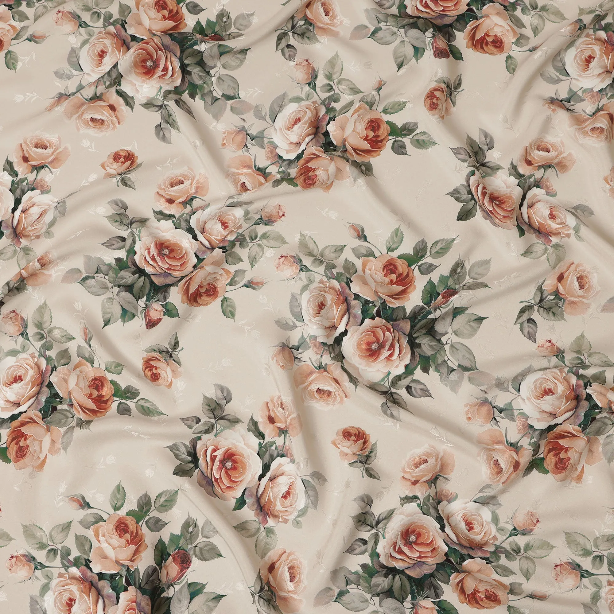 Beige Rose Floral Pure Silk Satin Fabric - 140 cm Width, Made in Italy-D20738