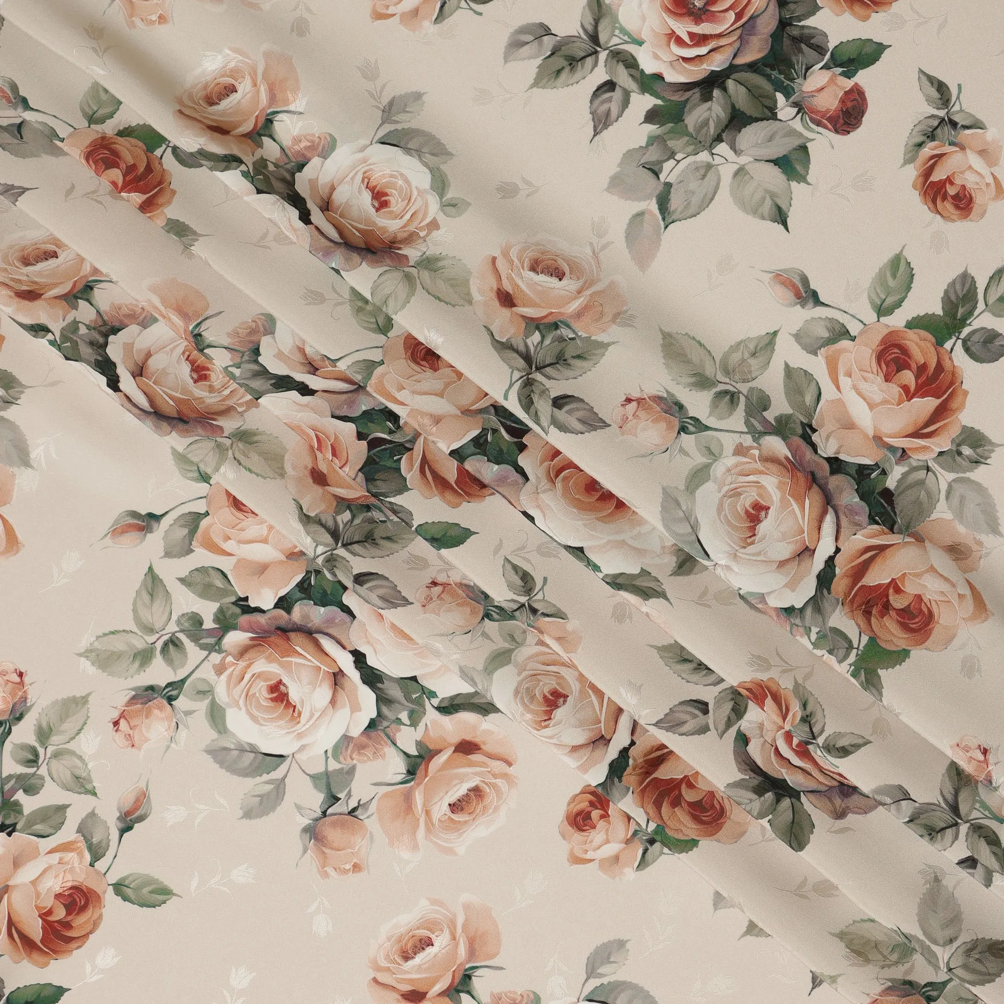 Beige Rose Floral Pure Silk Satin Fabric - 140 cm Width, Made in Italy-D20738