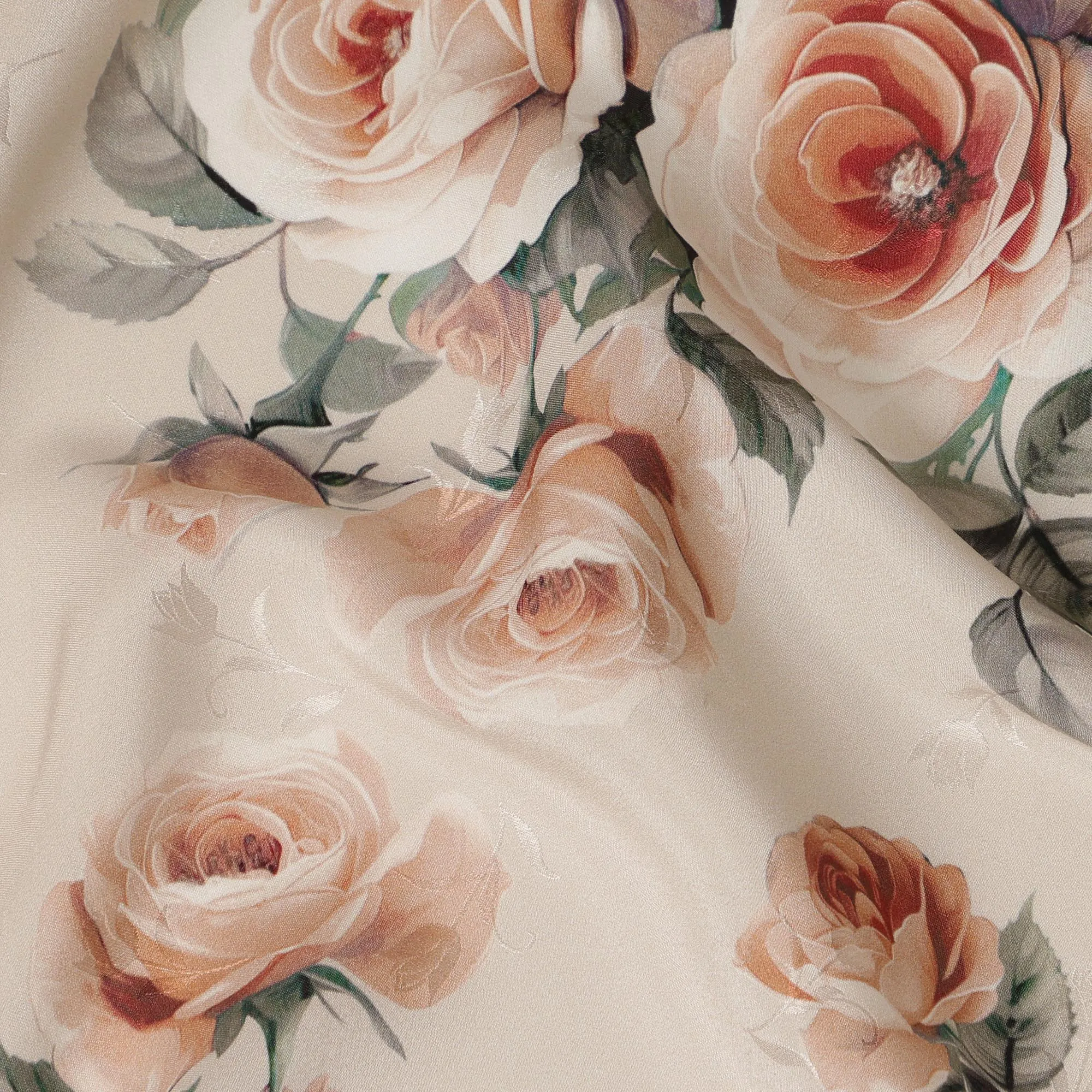 Beige Rose Floral Pure Silk Satin Fabric - 140 cm Width, Made in Italy-D20738