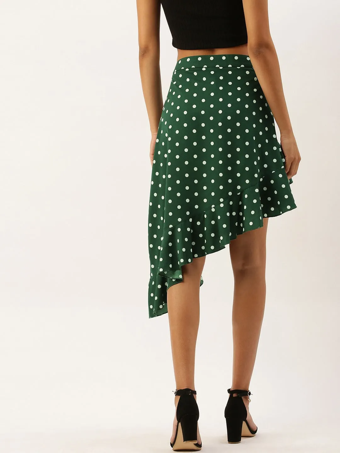 Berrylush Women Green Polka Dot Asymmetrical Hem Ruffled Skirt