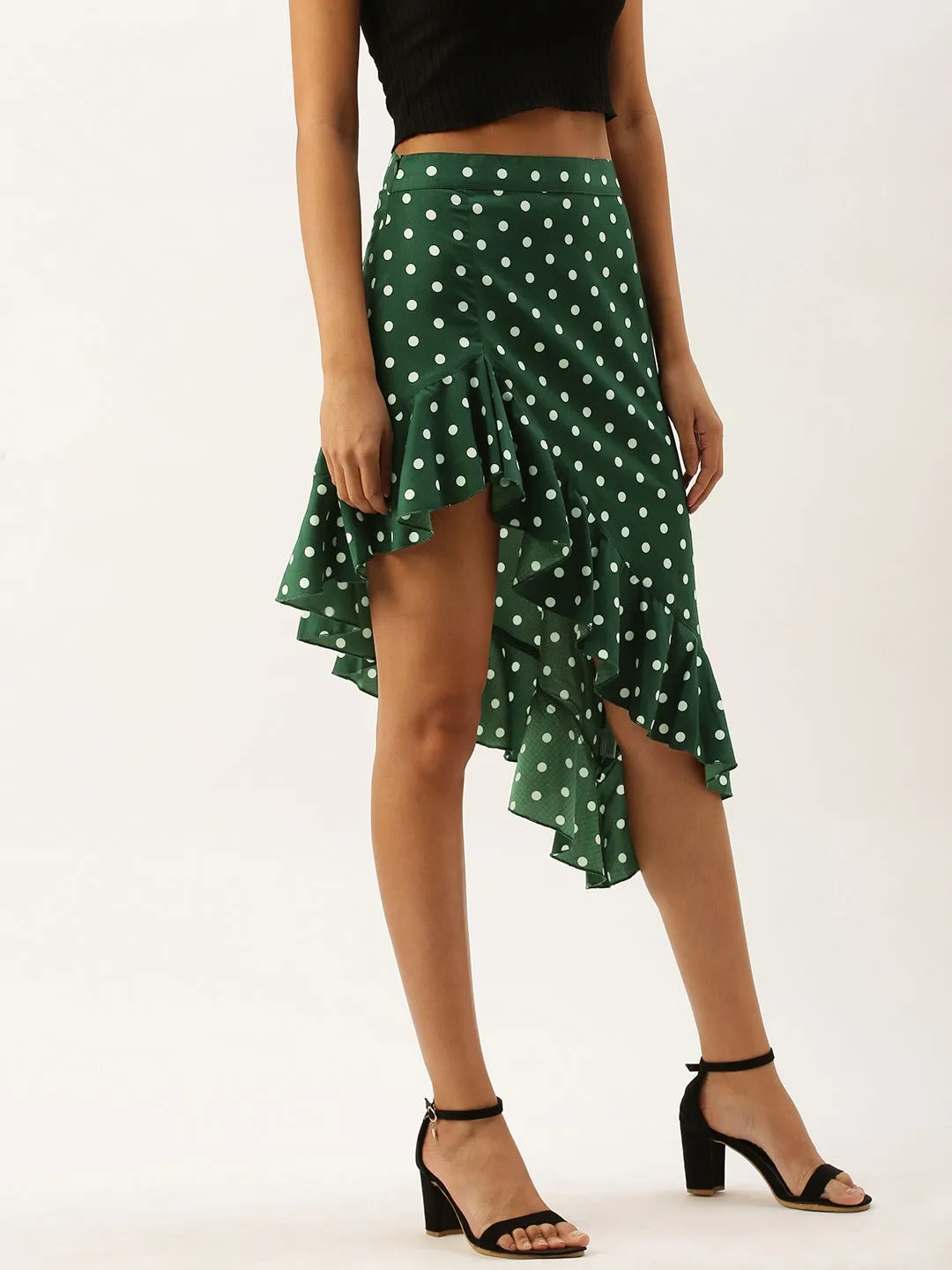 Berrylush Women Green Polka Dot Asymmetrical Hem Ruffled Skirt