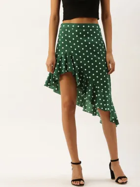 Berrylush Women Green Polka Dot Asymmetrical Hem Ruffled Skirt