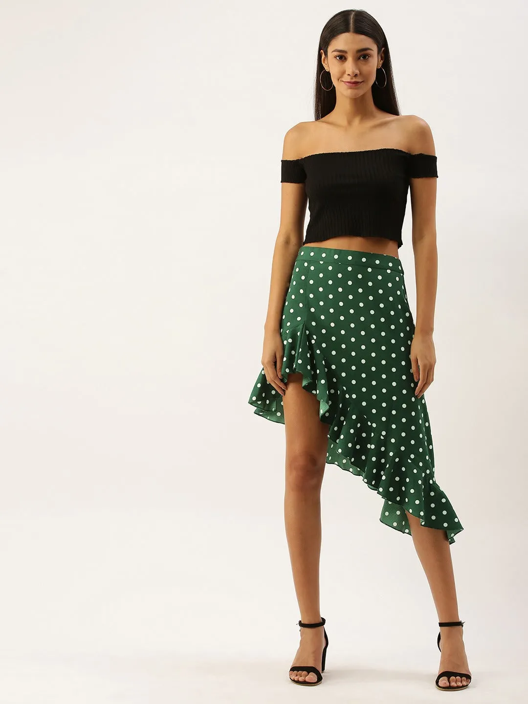 Berrylush Women Green Polka Dot Asymmetrical Hem Ruffled Skirt