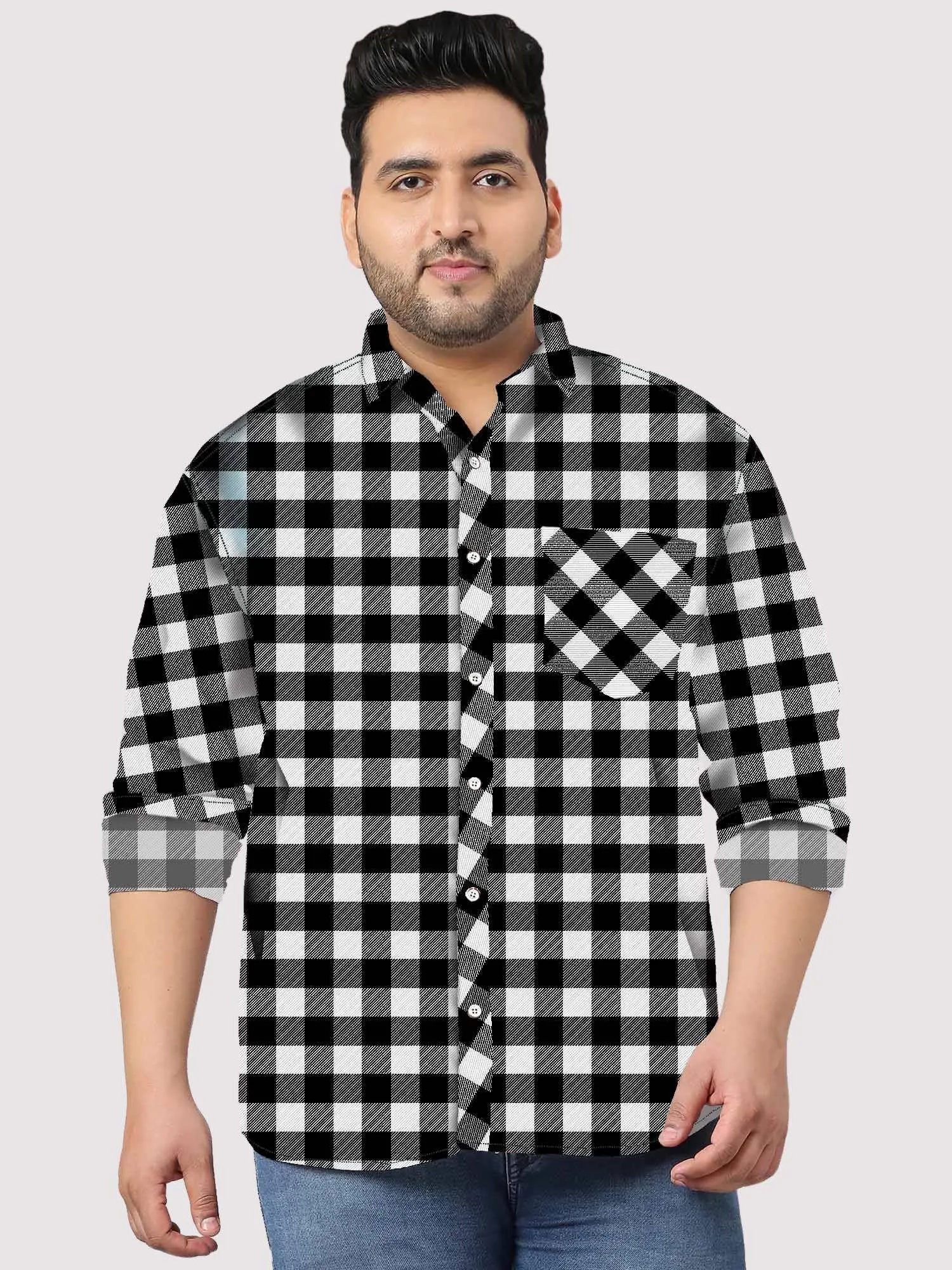 Black and White Checked Plus Size Full Shirt