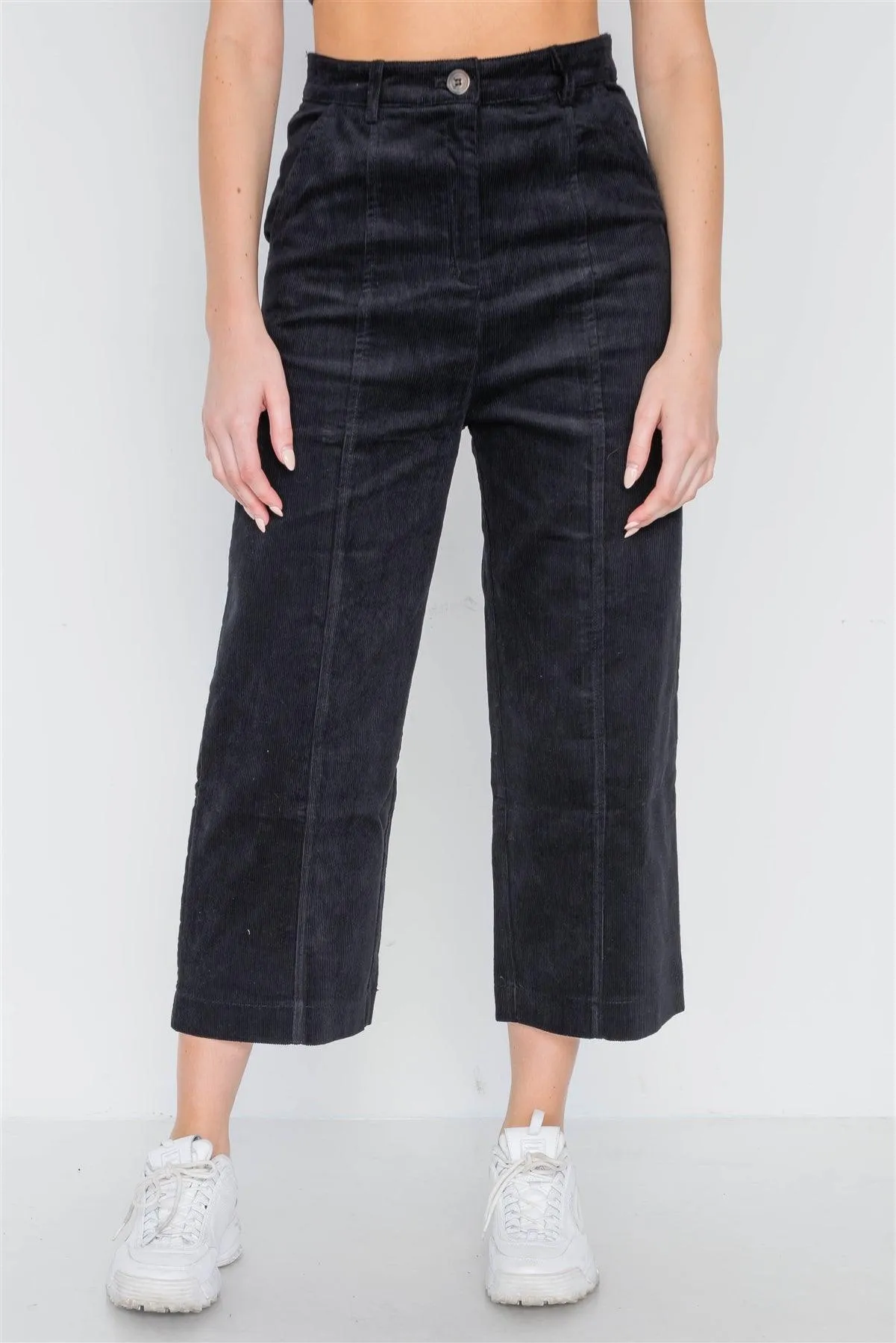 Black Corduroy Wide Leg Cropped Pants /2-1-2