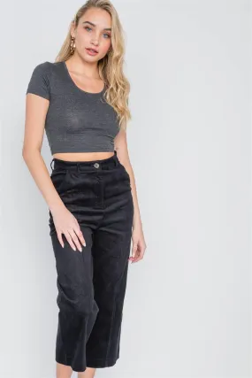 Black Corduroy Wide Leg Cropped Pants /2-1-2