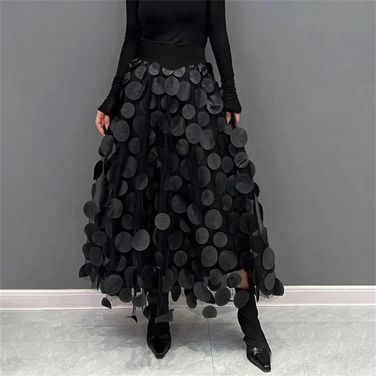 Black Gothic Polka Dot Mesh 2024 Spring Summer Elastic Midi Long Tutu Female Fashion Skirt