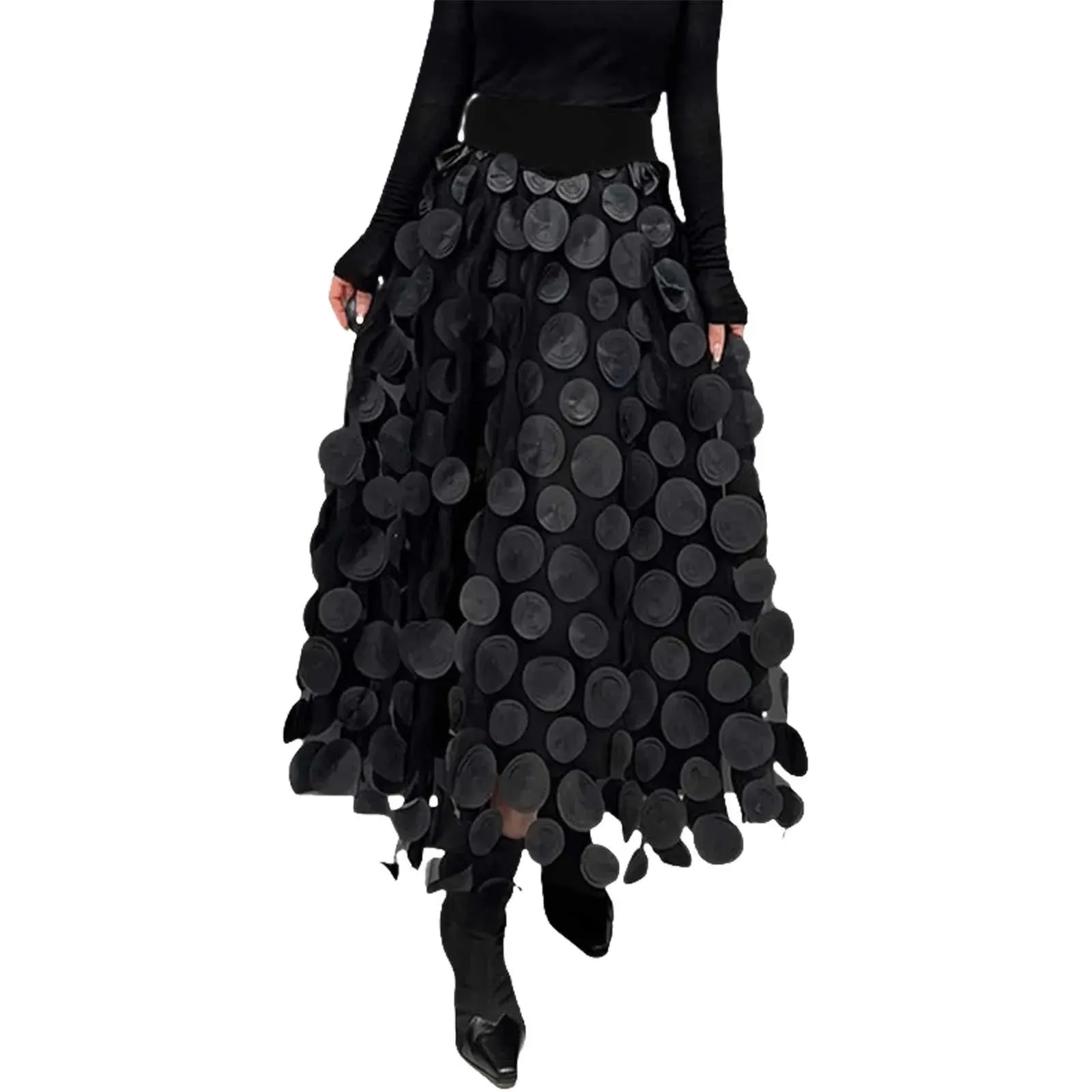 Black Gothic Polka Dot Mesh 2024 Spring Summer Elastic Midi Long Tutu Female Fashion Skirt