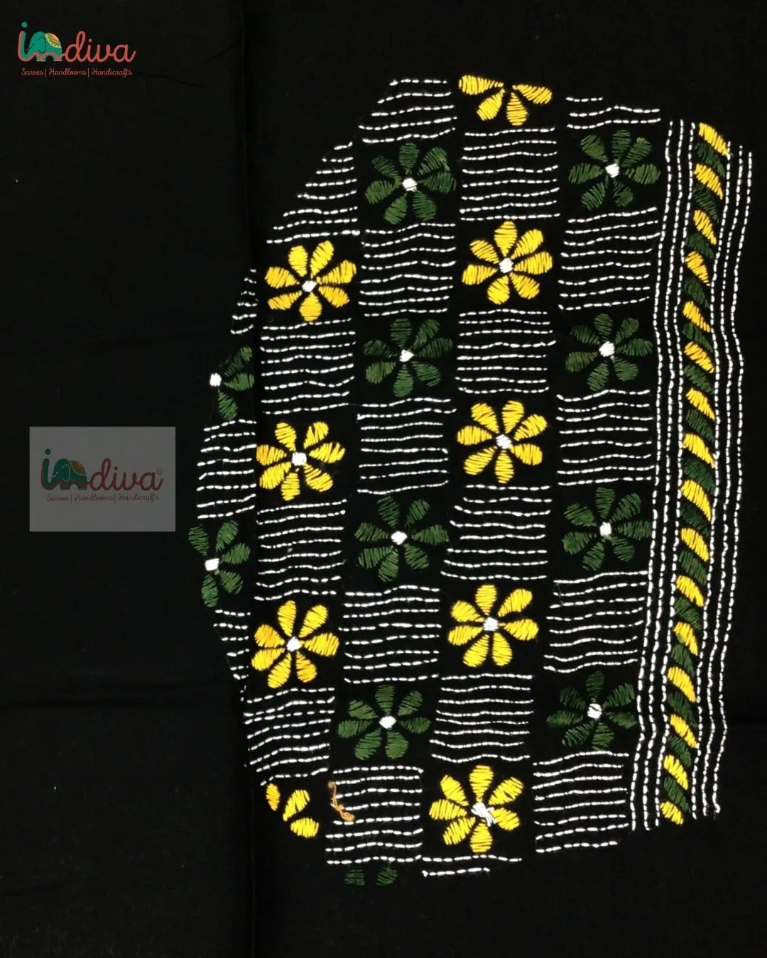 Black Kantha Blouse Fabric With Yellow & Green Floral Motifs