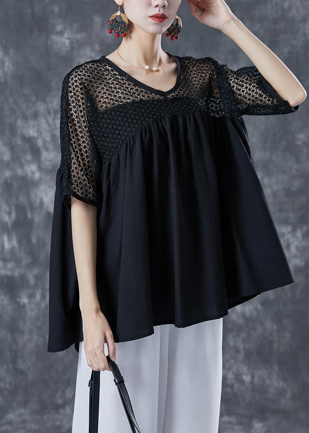 Black Patchwork Cotton Blouse Tops Hollow Out Summer LY4996