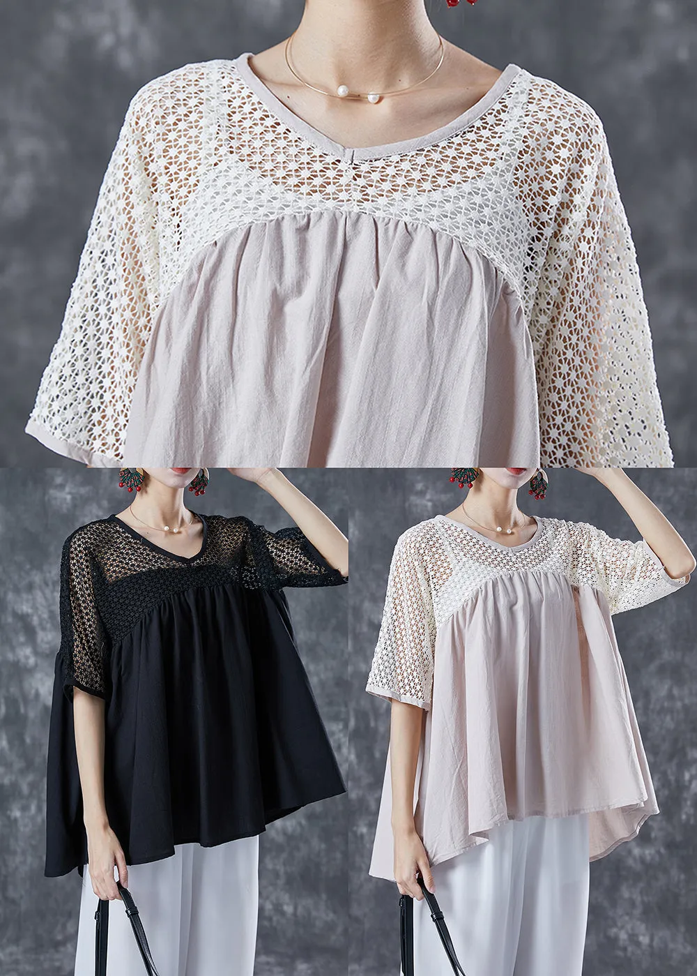 Black Patchwork Cotton Blouse Tops Hollow Out Summer LY4996