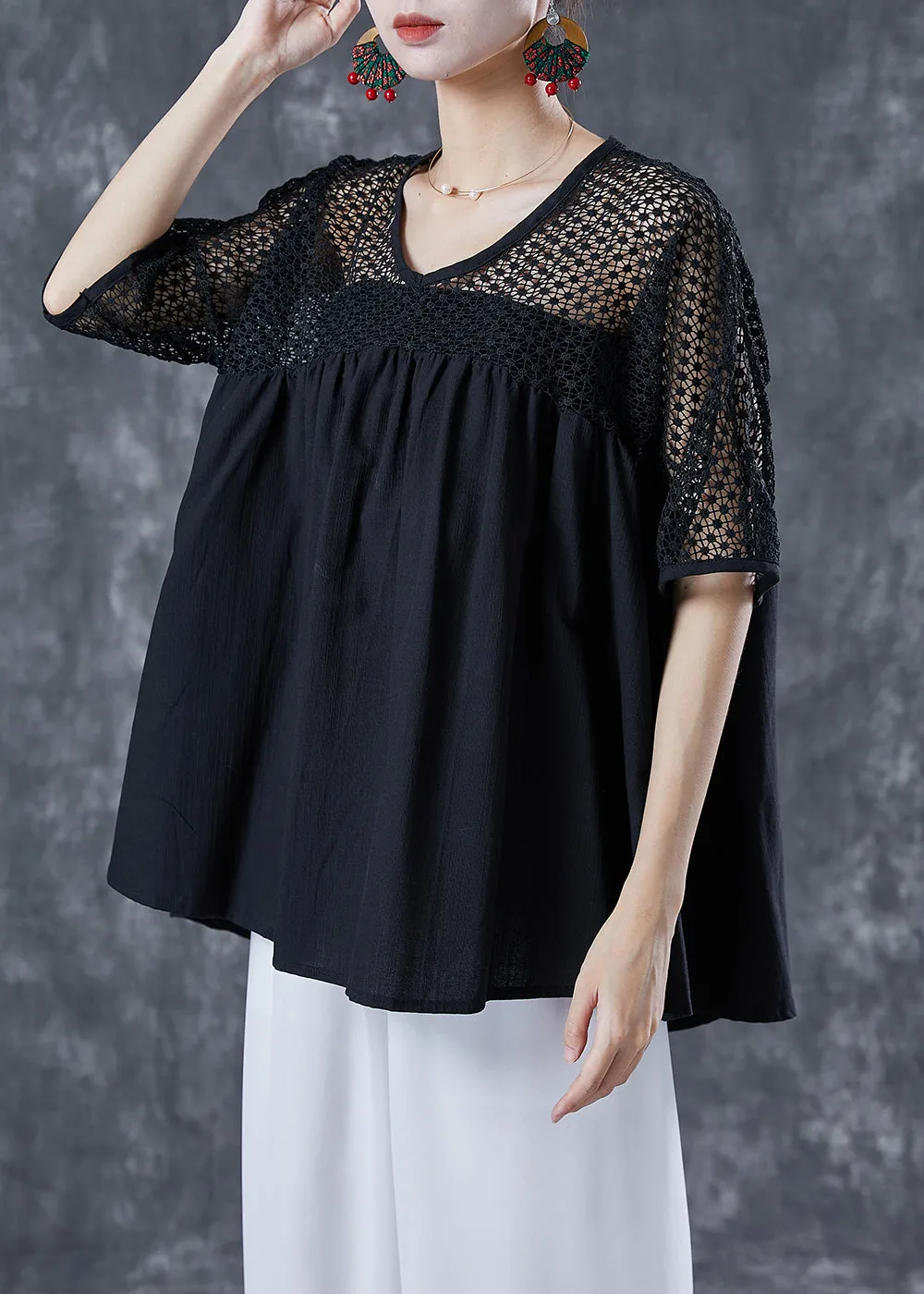 Black Patchwork Cotton Blouse Tops Hollow Out Summer LY4996