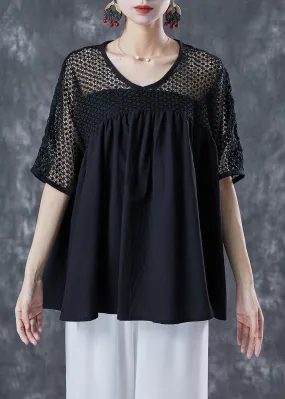 Black Patchwork Cotton Blouse Tops Hollow Out Summer LY4996