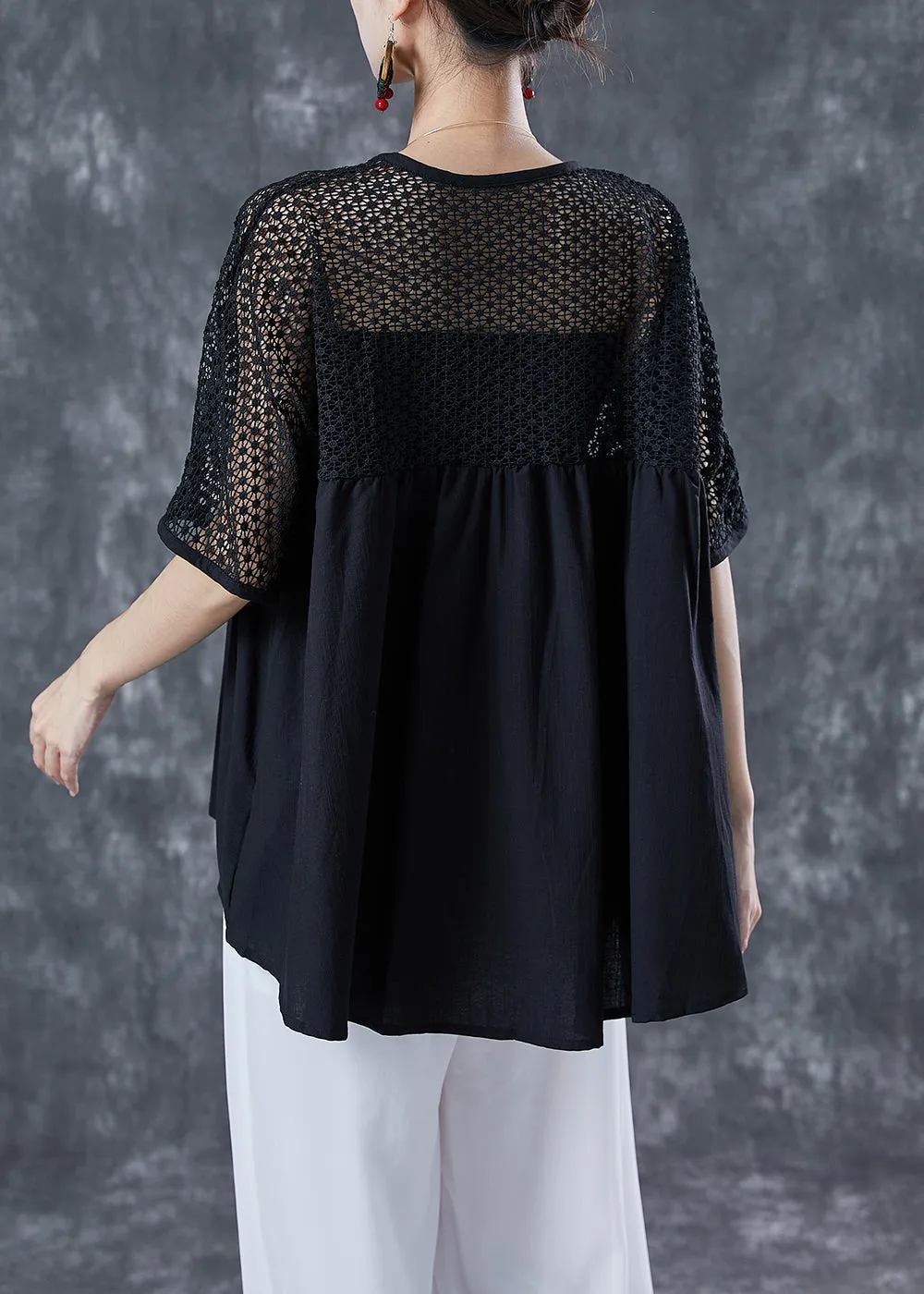 Black Patchwork Cotton Blouse Tops Hollow Out Summer LY4996