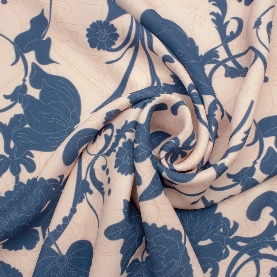 Blue Floral Printed Pink Silk Moss Crêpe (A 2.75m Piece)