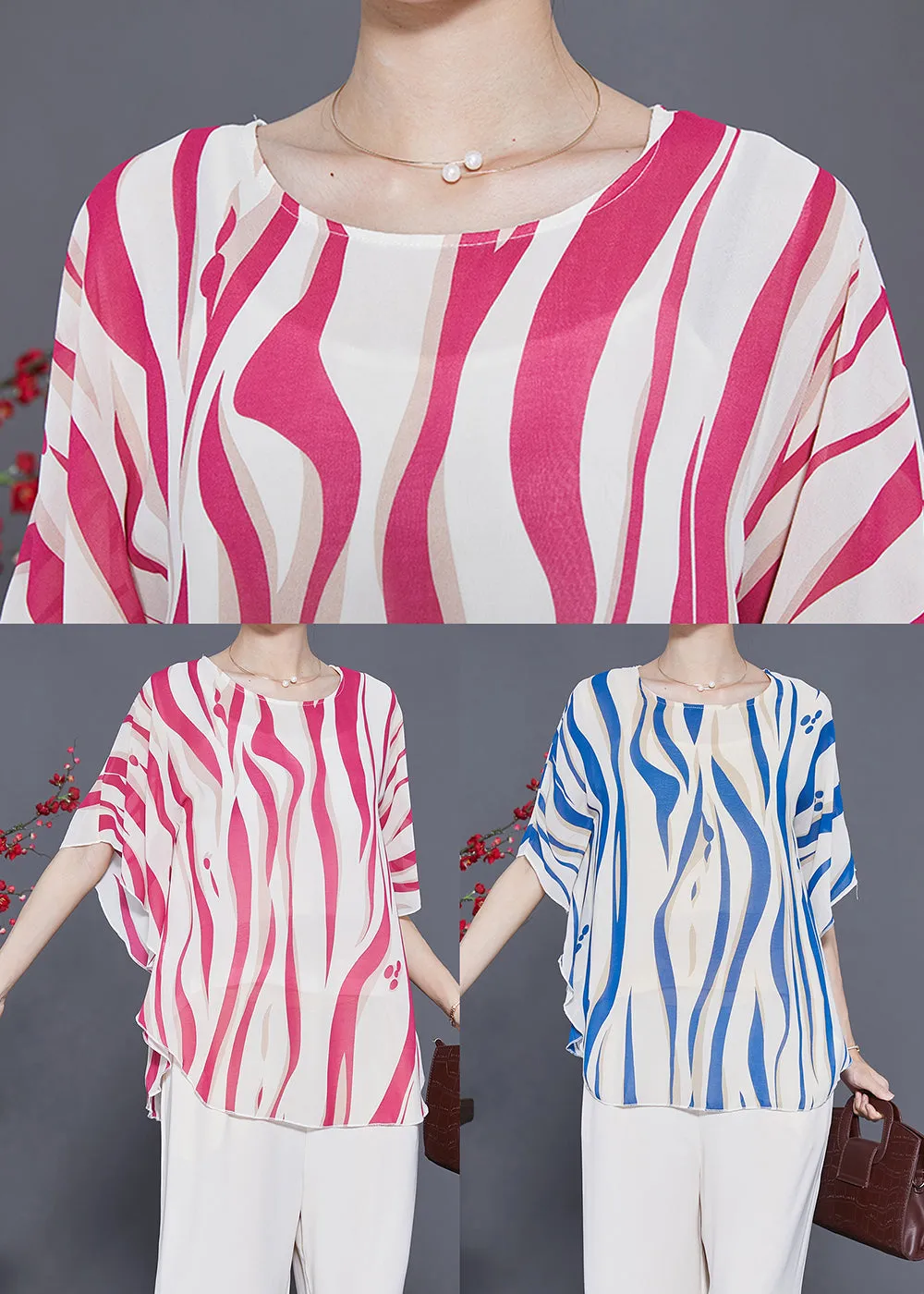 Blue Striped Silk Tank Tops Oversized Batwing Sleeve LY3640