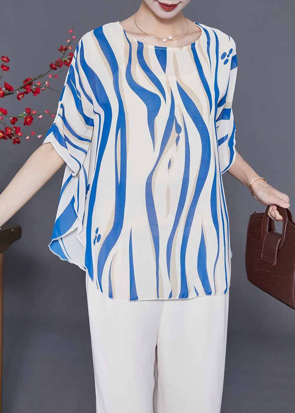 Blue Striped Silk Tank Tops Oversized Batwing Sleeve LY3640