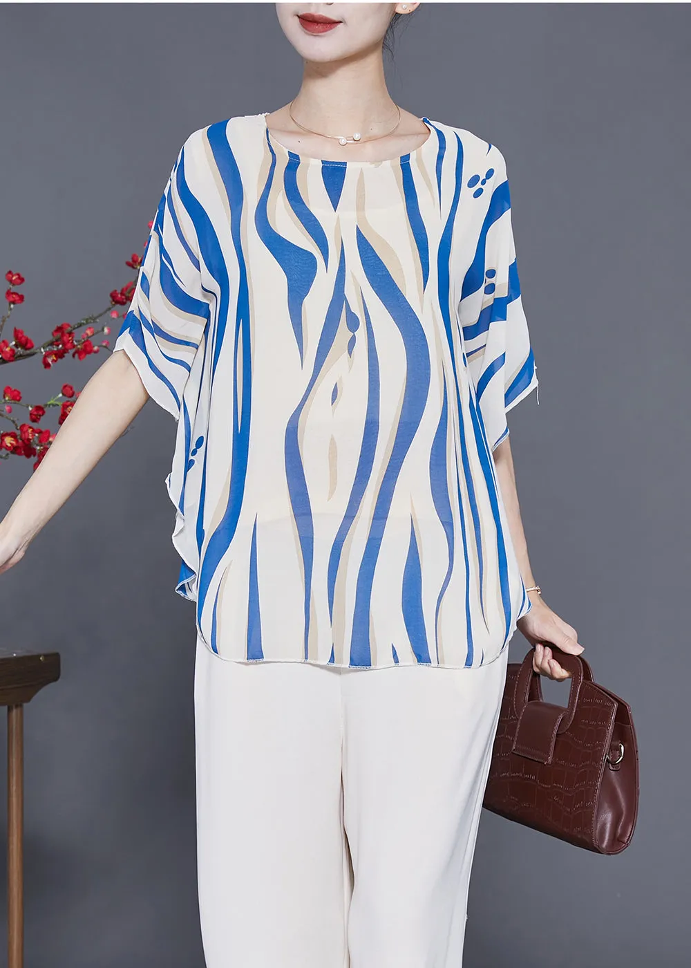 Blue Striped Silk Tank Tops Oversized Batwing Sleeve LY3640