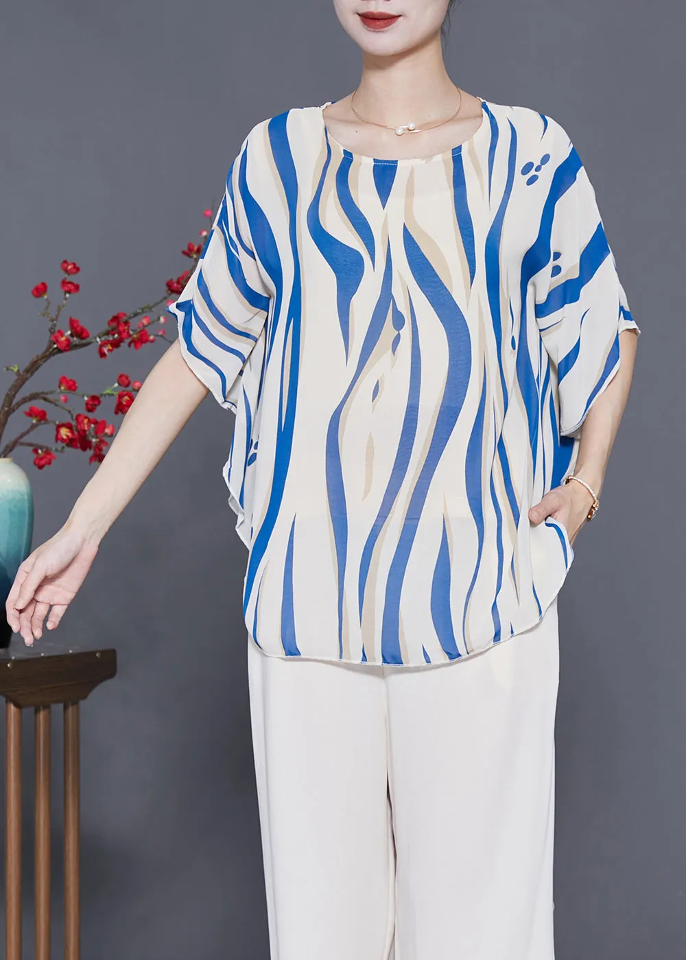 Blue Striped Silk Tank Tops Oversized Batwing Sleeve LY3640