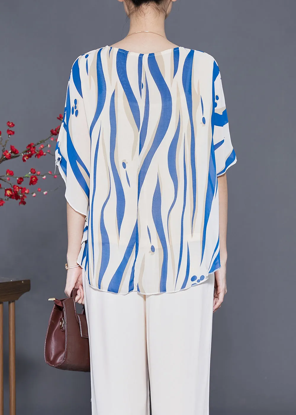 Blue Striped Silk Tank Tops Oversized Batwing Sleeve LY3640