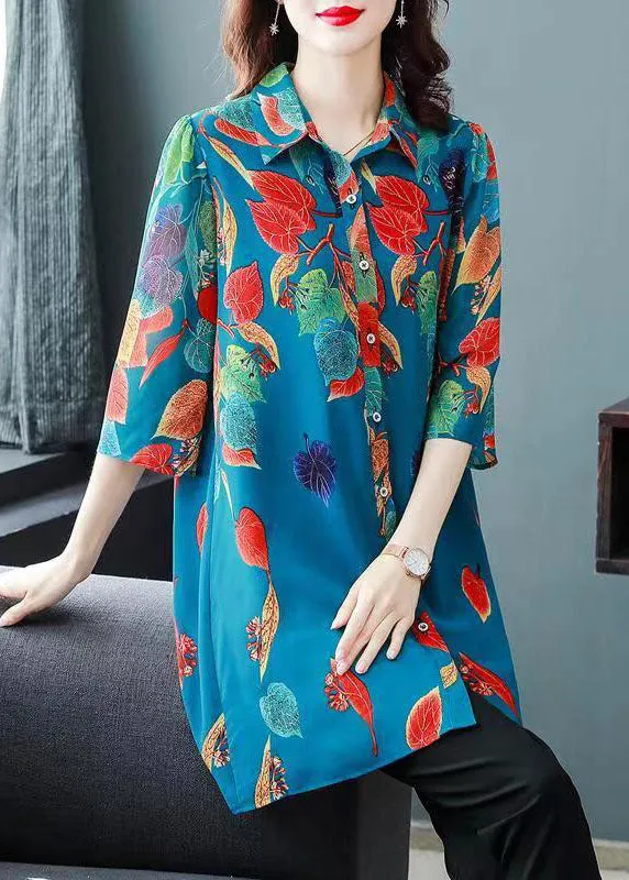 Bohemian Blue Print Button Patchwork Chiffon Shirts Tops Bracelet Sleeve LY6689