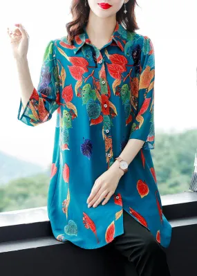 Bohemian Blue Print Button Patchwork Chiffon Shirts Tops Bracelet Sleeve LY6689