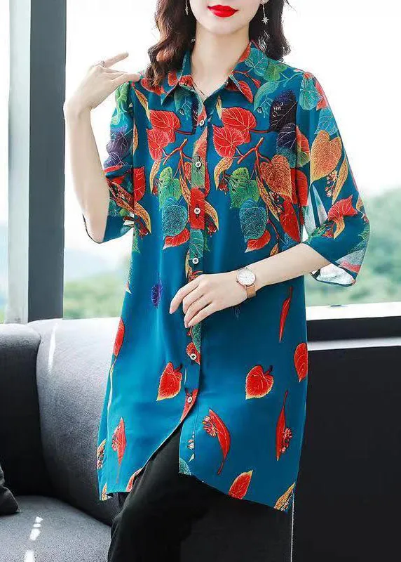 Bohemian Blue Print Button Patchwork Chiffon Shirts Tops Bracelet Sleeve LY6689