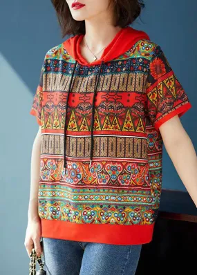 Bohemian Red Hooded Print Patchwork Chiffon T Shirts Tops Summer LY7568