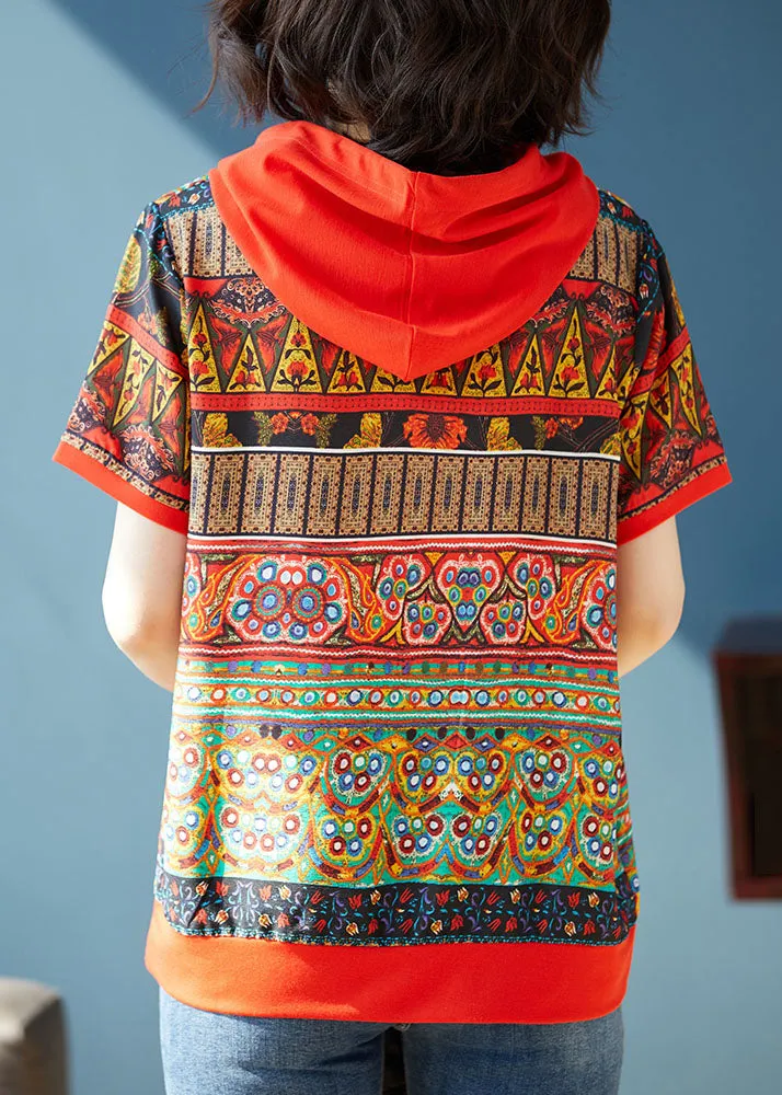 Bohemian Red Hooded Print Patchwork Chiffon T Shirts Tops Summer LY7568