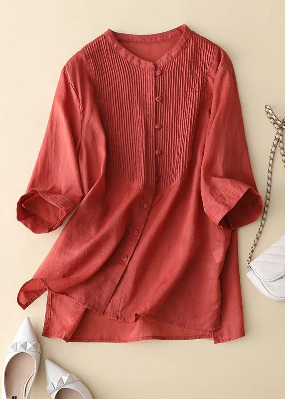 Bohemian Red Wrinkled Patchwork Linen Shirt Tops Bracelet Sleeve LY7133