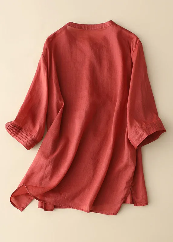 Bohemian Red Wrinkled Patchwork Linen Shirt Tops Bracelet Sleeve LY7133