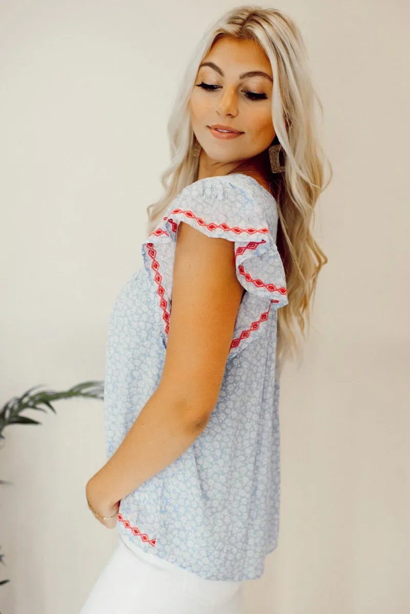 Boho Baby Blue Embroidered Floral Blouse