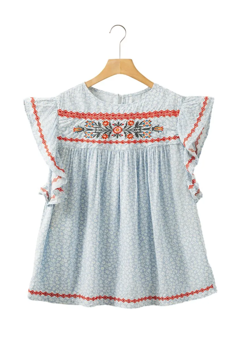 Boho Baby Blue Embroidered Floral Blouse