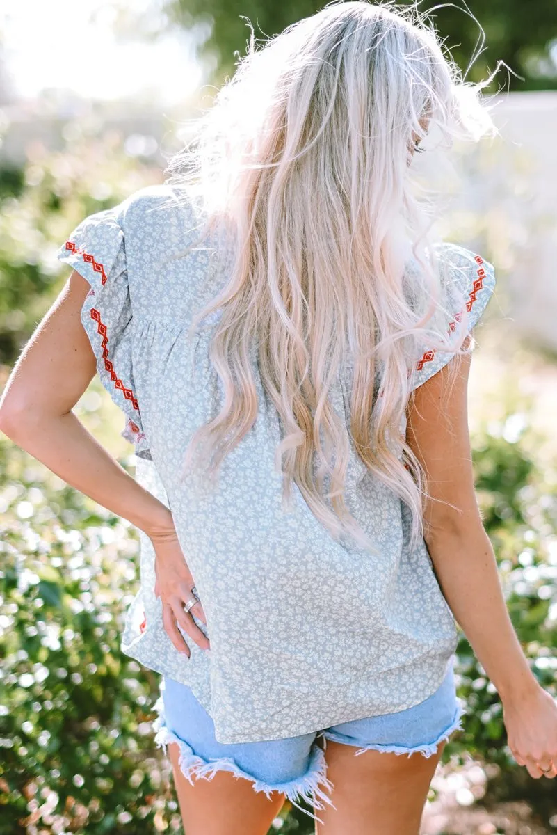 Boho Baby Blue Embroidered Floral Blouse