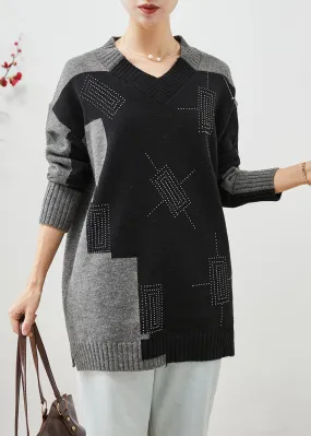 Boho Colorblock V Neck Patchwork Thick Knitted Tops Winter LY9846