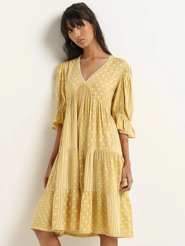 Bombay Paisley Yellow Polka Dot Cotton A-line Dress